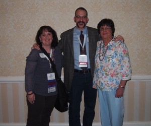 Meeting some great speakers: Linda McCauley and I found our June Second Saturday speaker, Michael Lacopo at the Blogger dinner hosted by Family Search.